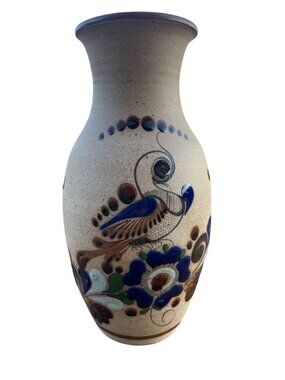 Hand-Painted Talavera Vase Peacock Floral Design Rustic Boho Decor 10"